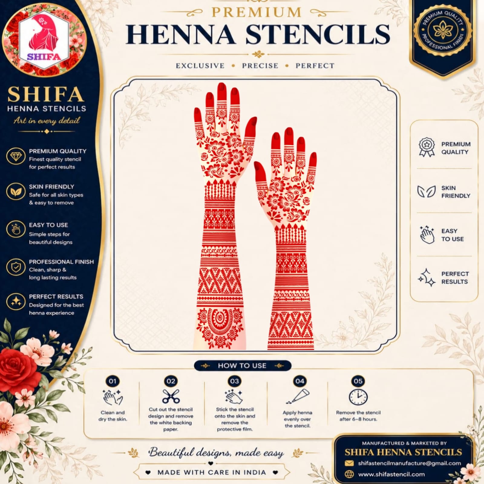 FLBS 784 Noor Jaal Floral Symphony Design double hand Henna Stencil